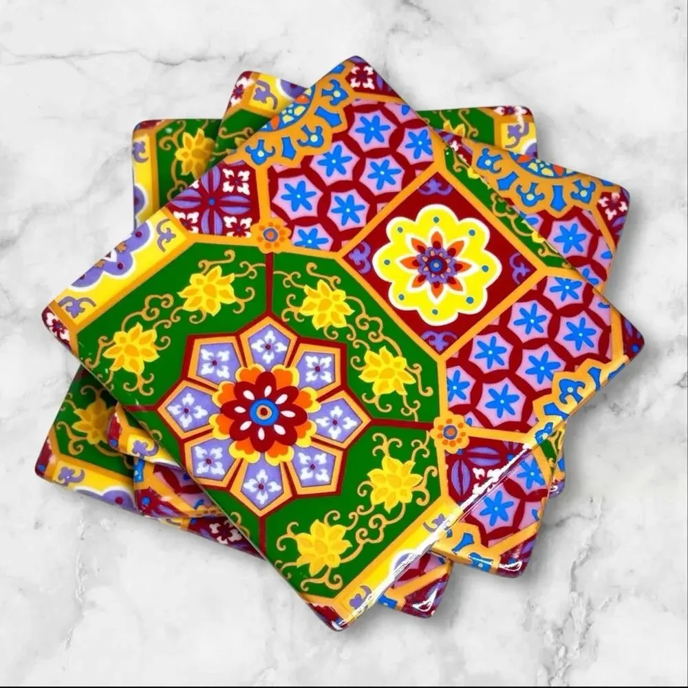 Ceramic Tile Coasters Colorful Talavera-Style Geometric Drink Floral Boho Set 4